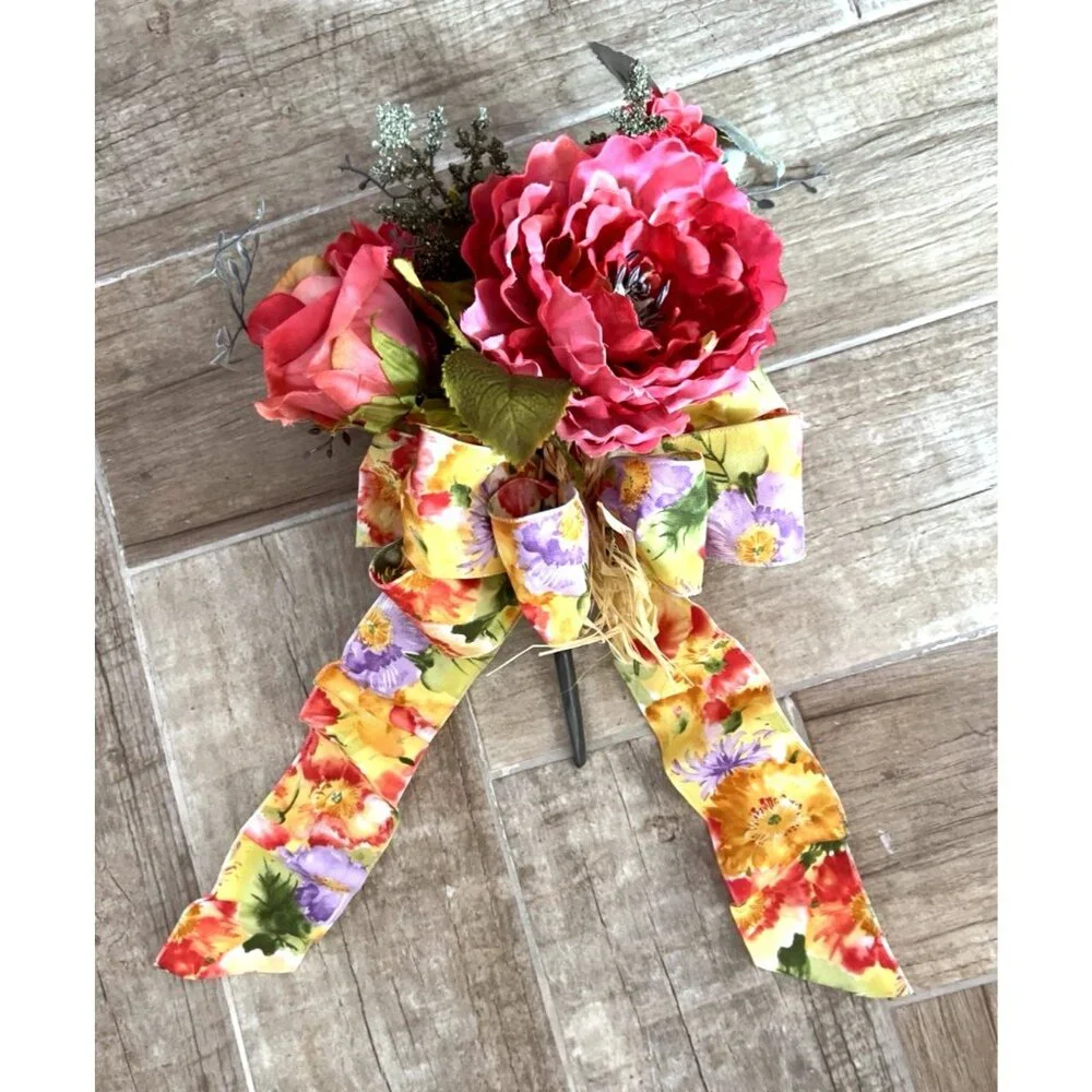 SPRING Flower BOUQUET Handmade Bow Coral Red Yellow Purple Peony Rose Zinnia